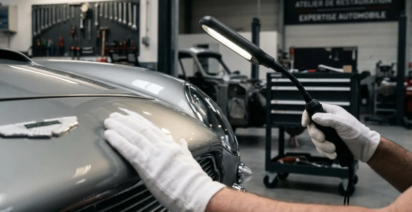 Expert automobile inspectant minutieusement la carrosserie d'un véhicule de collection avec lampe professionnelle dans un atelier spécialisé