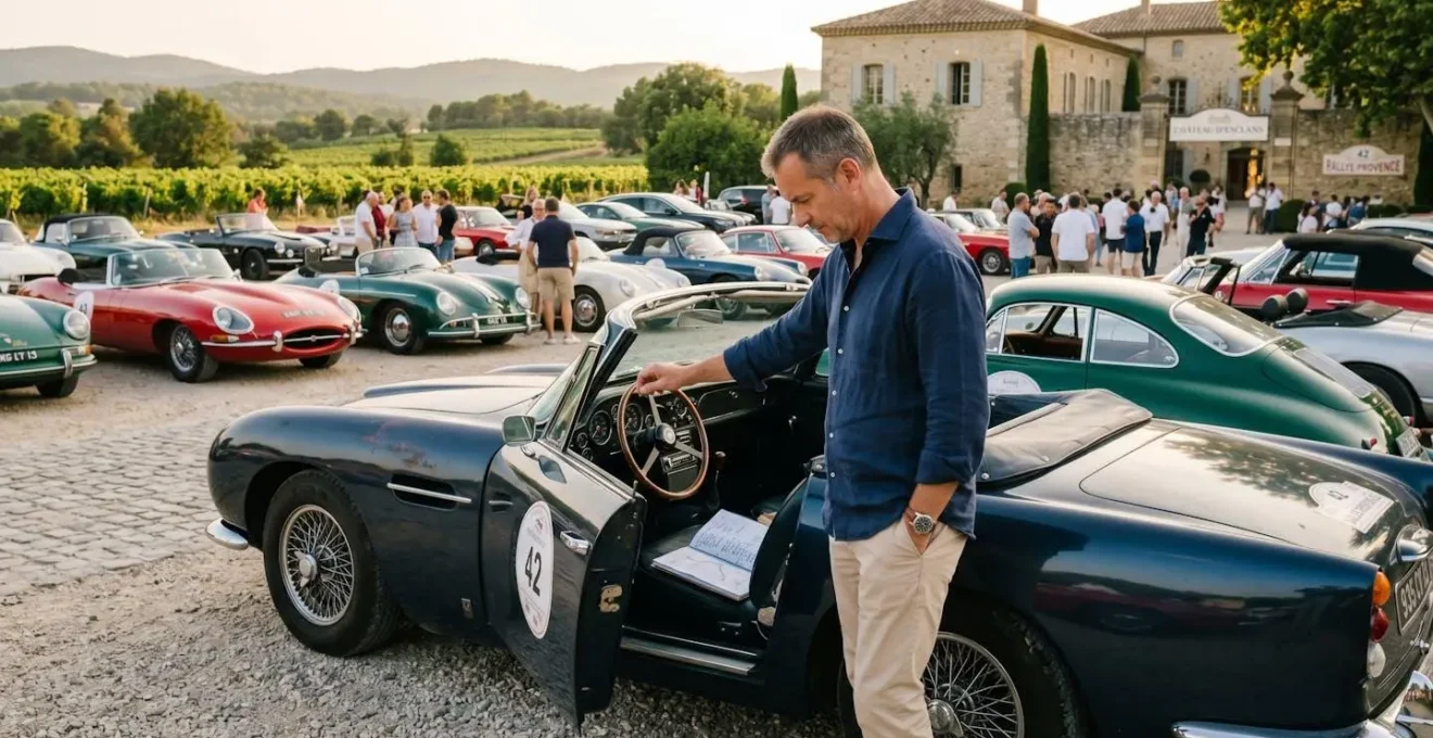 Propriétaire de véhicule de collection debout à côté de sa Porsche 911 classique lors d'un rallye historique en Provence sous lumière dorée
