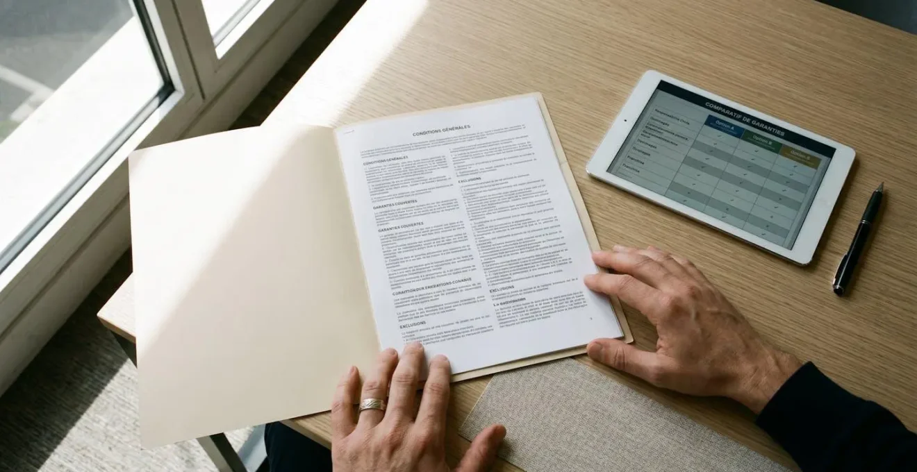 Vue en plongée sur un bureau avec contrat d'assurance ouvert et mains d'un client pointant une clause de garantie optionnelle